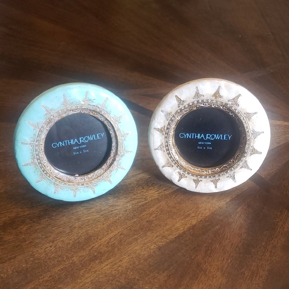 2 Cynthia Rowley Blue and Beige Accent Picture Frames 5in Bundle